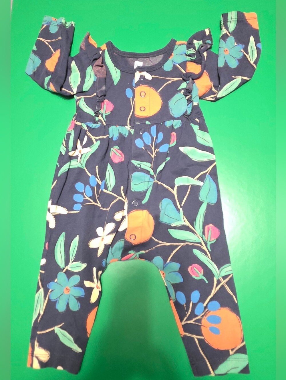 Tea Navy Floral & Fruit Print One-Piece 6-9m